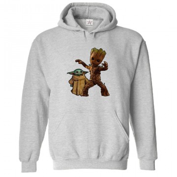 Groot Dancing with Baby Yoda Classic Unisex Kids and Adults Pullover Hoodie for Sci-Fi Movie Fans								 									 									